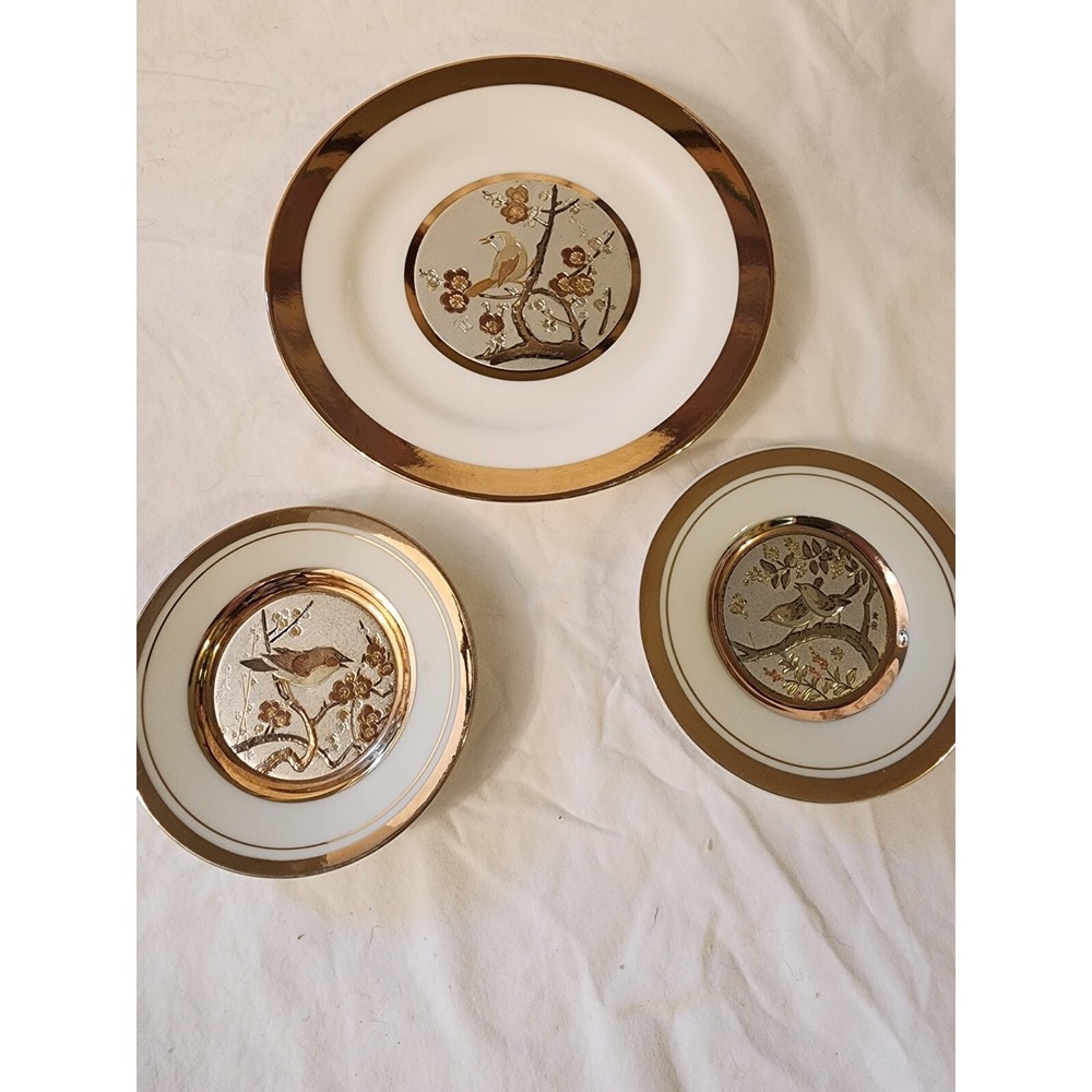 The‎ Art Of Chokin 24 Kt Gold Edge Plate Set Of 3 Birds And Flowers EUC